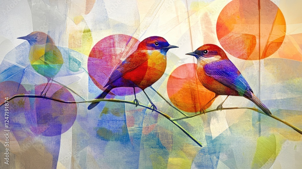 Fototapeta premium Colorful birds perched on branch amidst vibrant abstract background filled with circular patterns