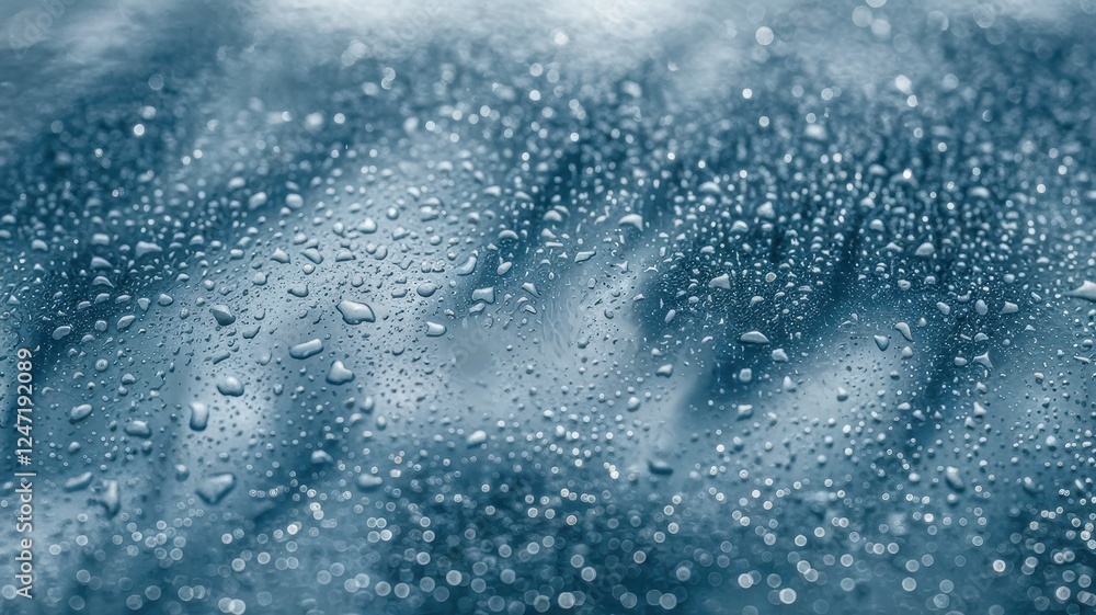 Obraz premium Close-up of water droplets on a glass surface, creating a serene and refreshing atmosphere.