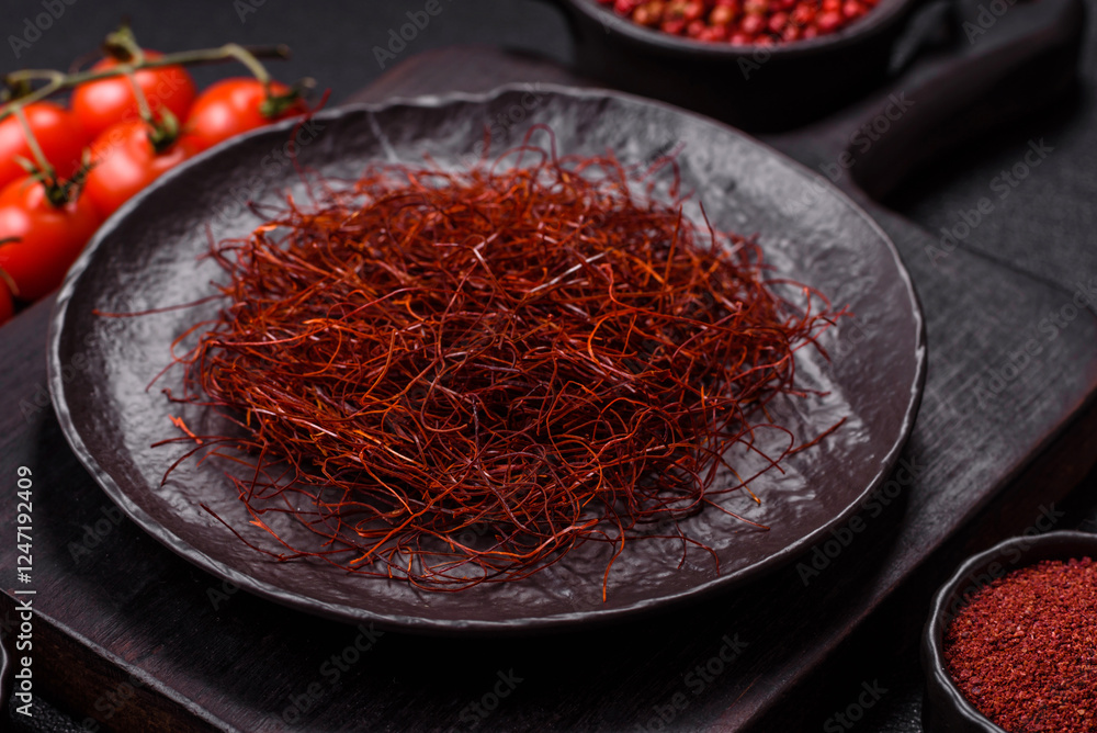 Fototapeta premium Red thin hot chili threads on a dark background