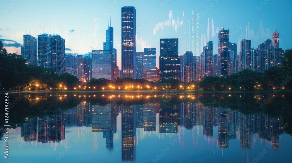 Fototapeta premium Cityscape at dusk reflected in calm water.