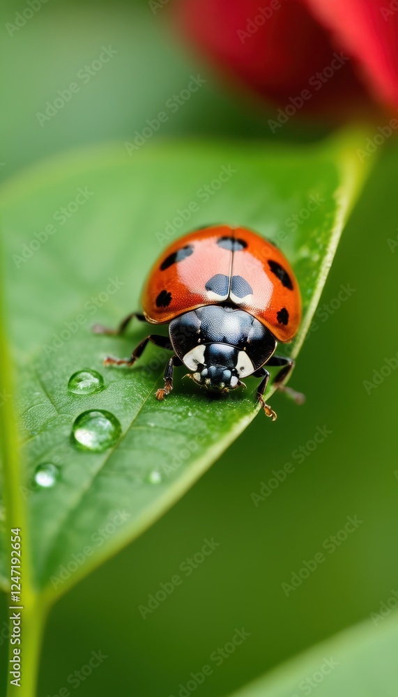 A high-resolution macro photograph of a ladybug exploring a leaf covered in morning dew. The perfect representation of biodiversity, insects, and natural balance A high-resolution macro photograph of a ladybug exploring a leaf covered in morning dew. The perfect representation of biodiversity, insects, and natural balance