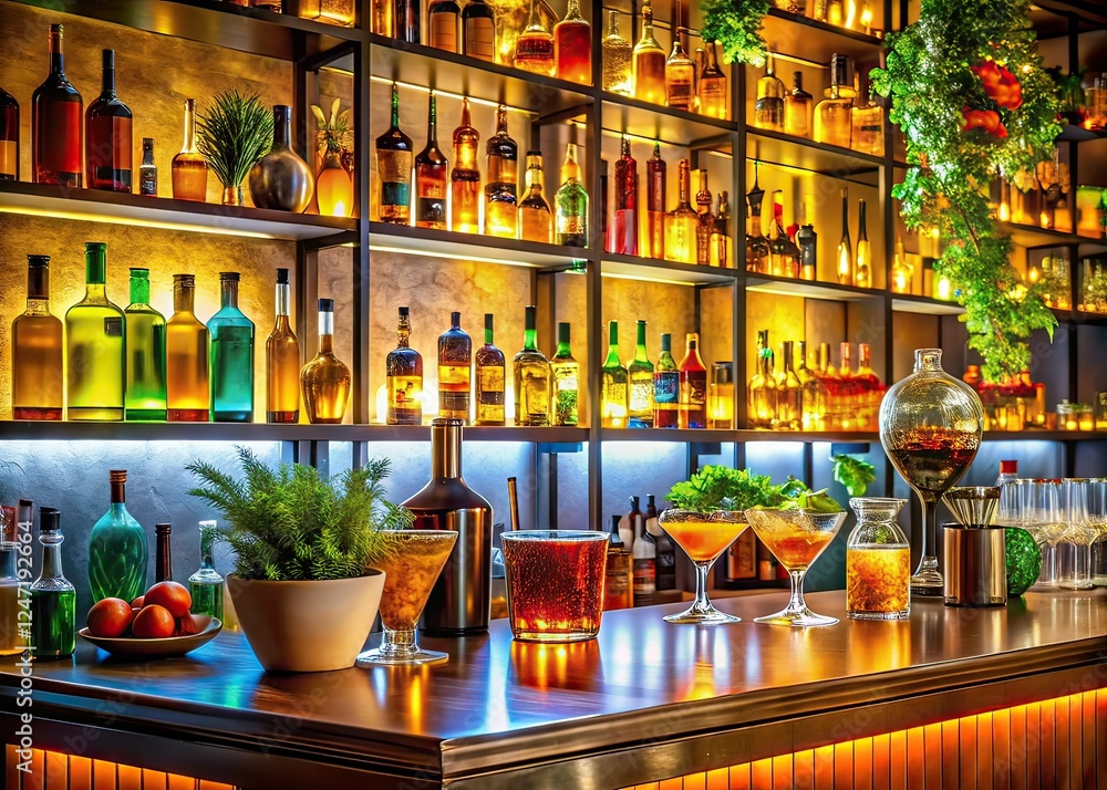 Stylish Bar Counter with Cocktails, Colorful Drinks, and Mixology Stylish Bar Counter with Cocktails, Colorful Drinks, and Mixology