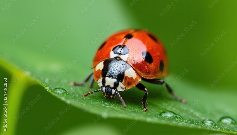 Fototapeta premium A stunning macro shot of a ladybug on a vibrant green leaf with water droplets. The red shell with black spots contrasts beautifully against the lush background.