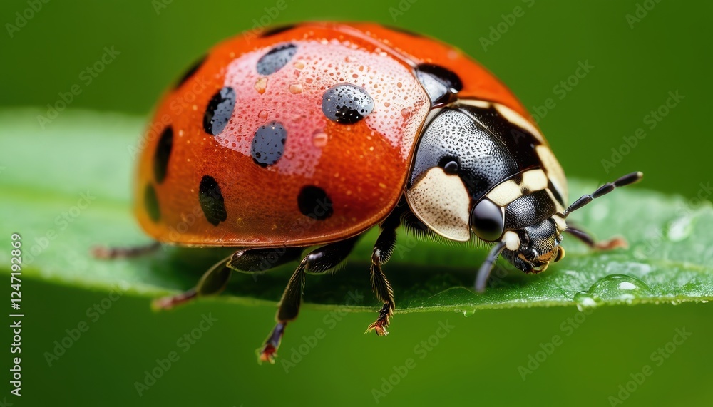 Fototapeta premium A stunning macro shot of a ladybug on a vibrant green leaf with water droplets. The red shell with black spots contrasts beautifully against the lush background.