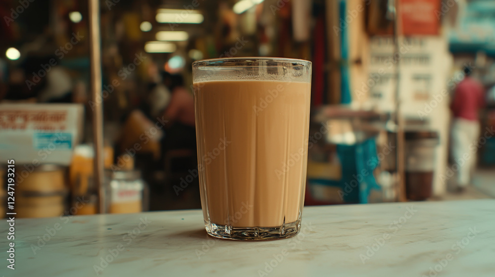 Refreshing_iced_tea_in_a_glass,__market_background_blurred. Refreshing_iced_tea_in_a_glass,__market_background_blurred.