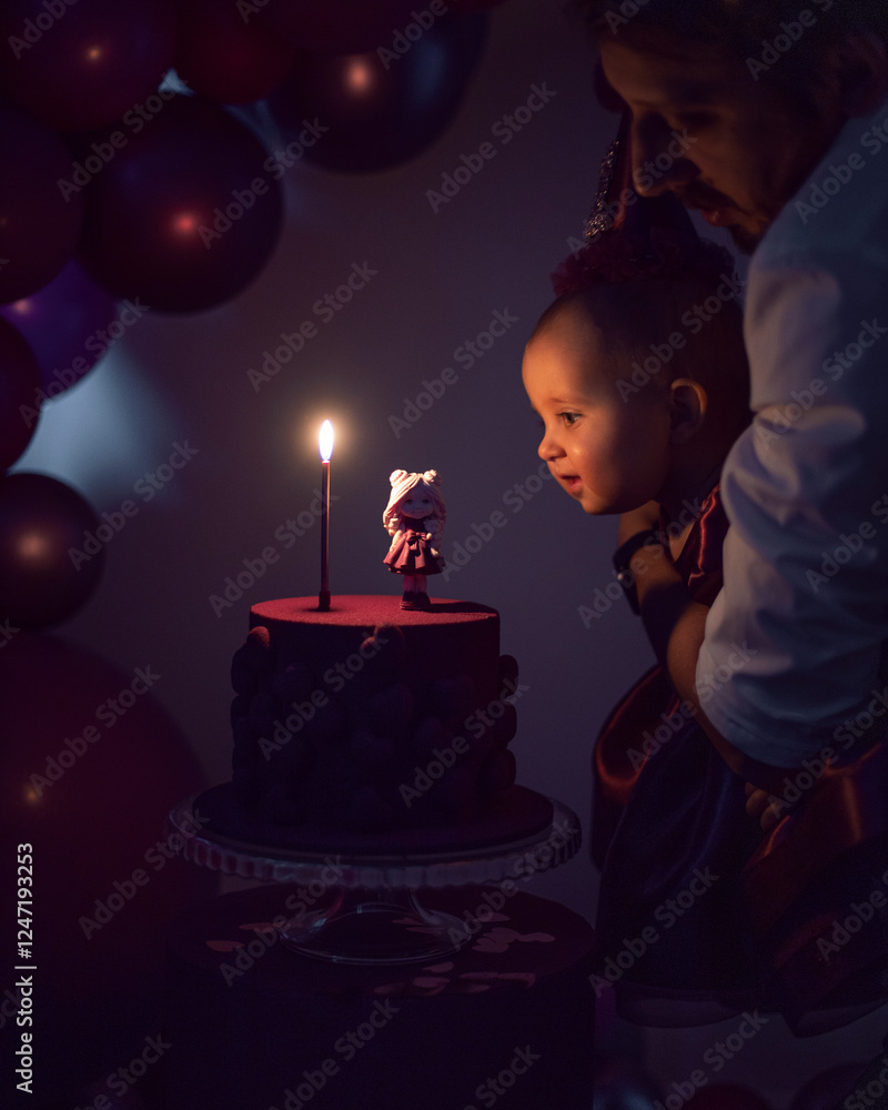 Dad holds his daughter in a dress and a hat for 1 year in front of the cake and blows out the candle.