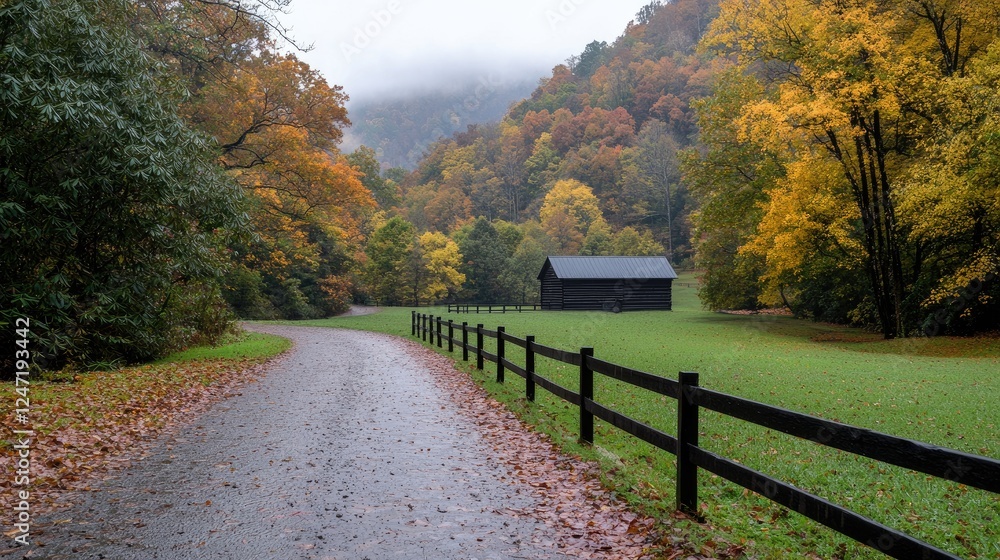 Autumnal road, cabin in valley, misty mountains Autumnal road, cabin in valley, misty mountains