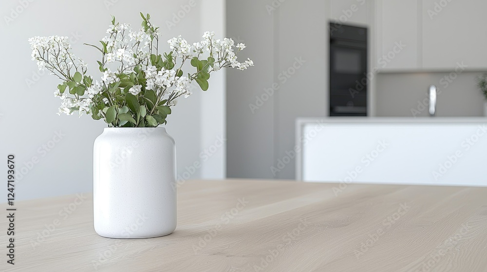 White flowers in vase on kitchen table White flowers in vase on kitchen table