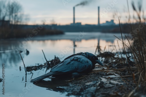 Fototapeta Naklejka Na Ścianę i Meble -  Crow resting by polluted lake with industrial background at dusk