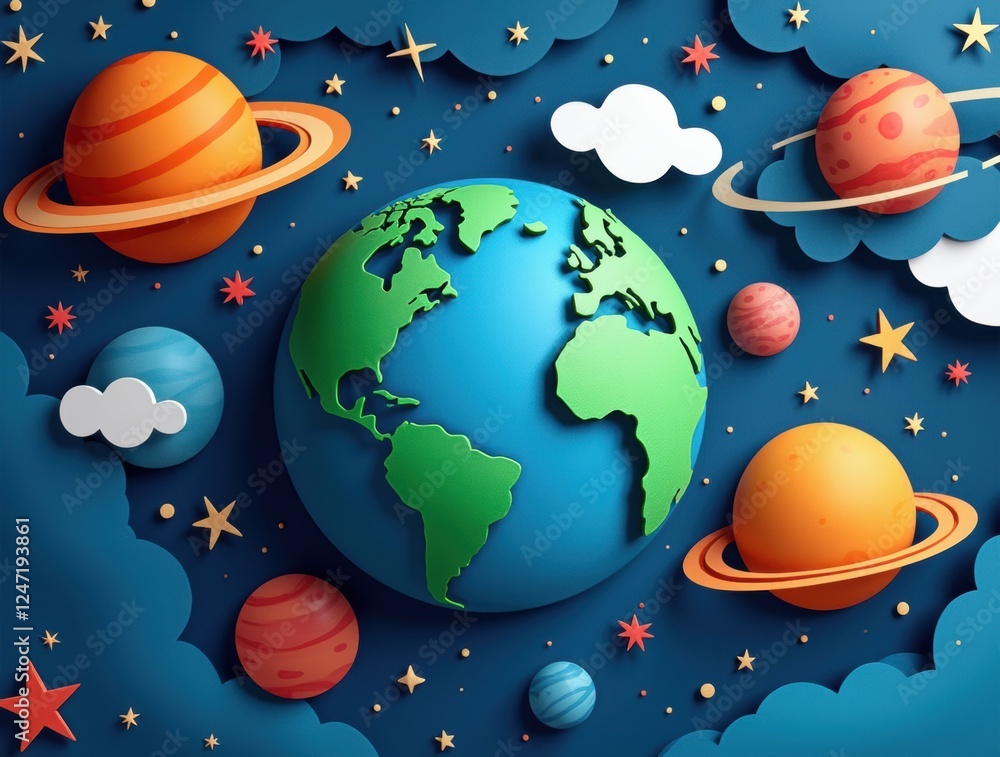 Naklejka premium Paper-Cut Planet Earth in a Vibrant Galaxy