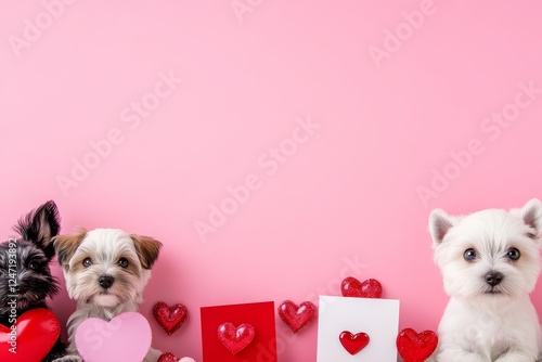 Cute Puppies with Hearts on Pink Background - Adorable puppies with heart-shaped decorations set against a pink backdrop, perfect for Valentine’s Day themes and pet lovers. photo