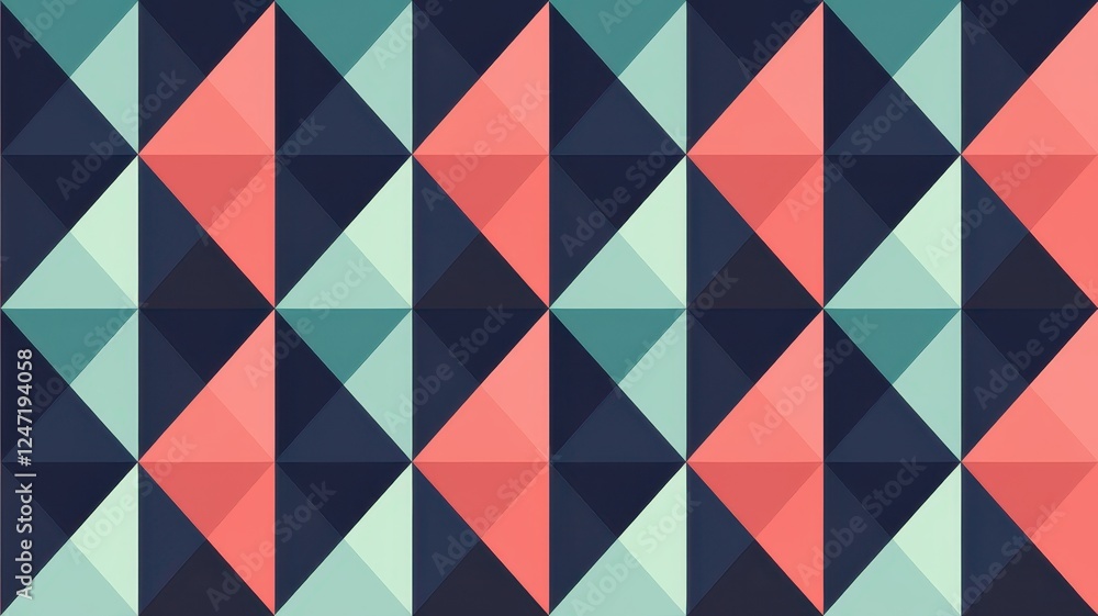 Geometric pattern featuring a vibrant palette of coral, teal, and navy blue, creating a visually striking composition of diamonds and triangles. Geometric pattern featuring a vibrant palette of coral, teal, and navy blue, creating a visually striking composition of diamonds and triangles.