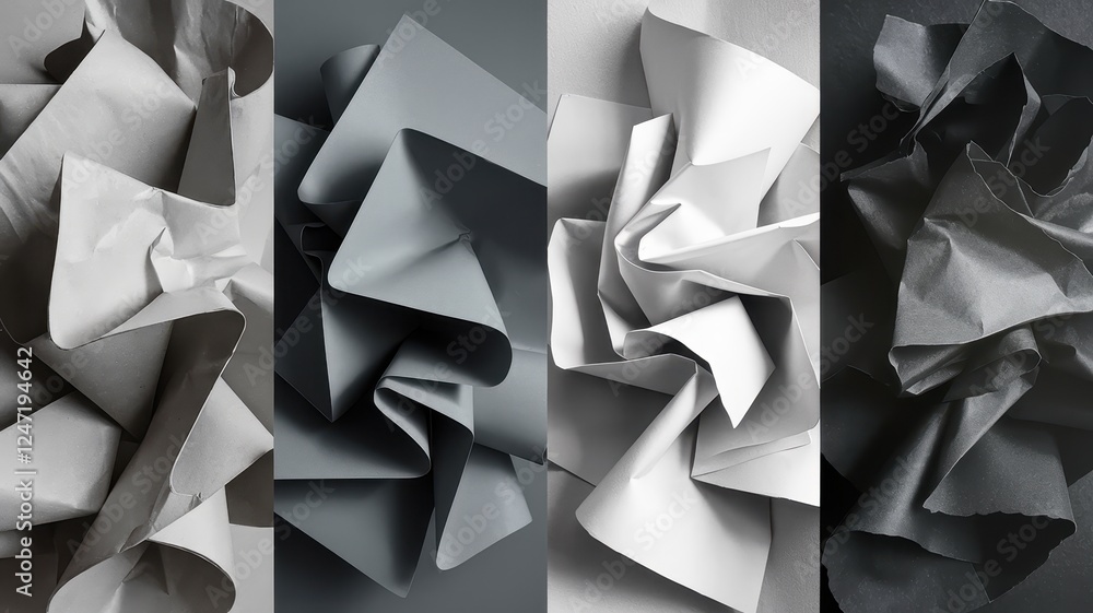 Obraz premium A striking collection of crumpled paper textures in varying shades of gray, showcasing dynamic shapes and intricate details that create a captivating visual effect.