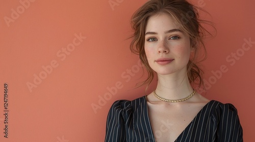 Young woman in navy blue pinstripe dress standing against a coral background, modern business fashion, sophisticated and confident pose, elegant styling, timeless beauty, high fashion, contemporary
