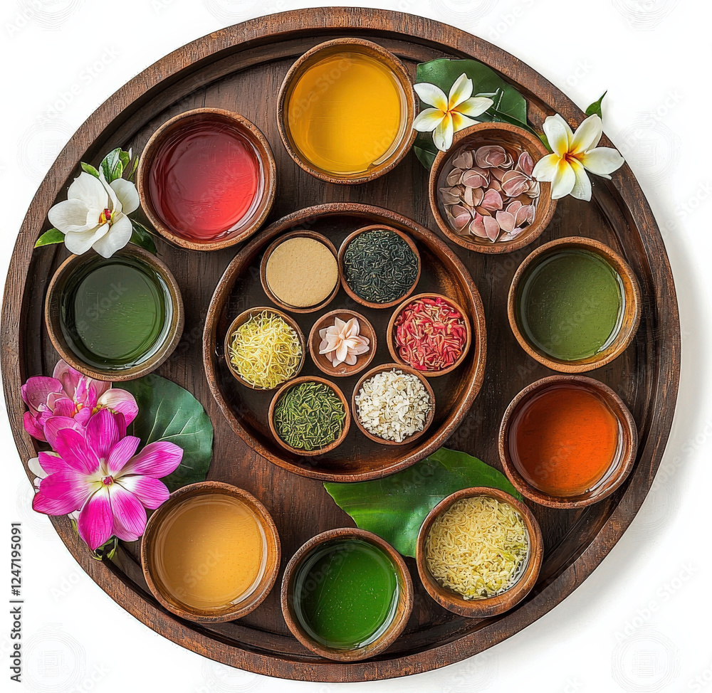 Circular_wooden_tray_holds_small_bowls_of_colorful_liquids_and_ingredients,_surrounded_by_flowers. Circular_wooden_tray_holds_small_bowls_of_colorful_liquids_and_ingredients,_surrounded_by_flowers.