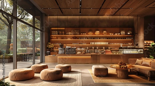 A welcoming coffee shop featuring warm tones, comfortable seating arrangements, and a counter showcasing a variety of coffee and pastries