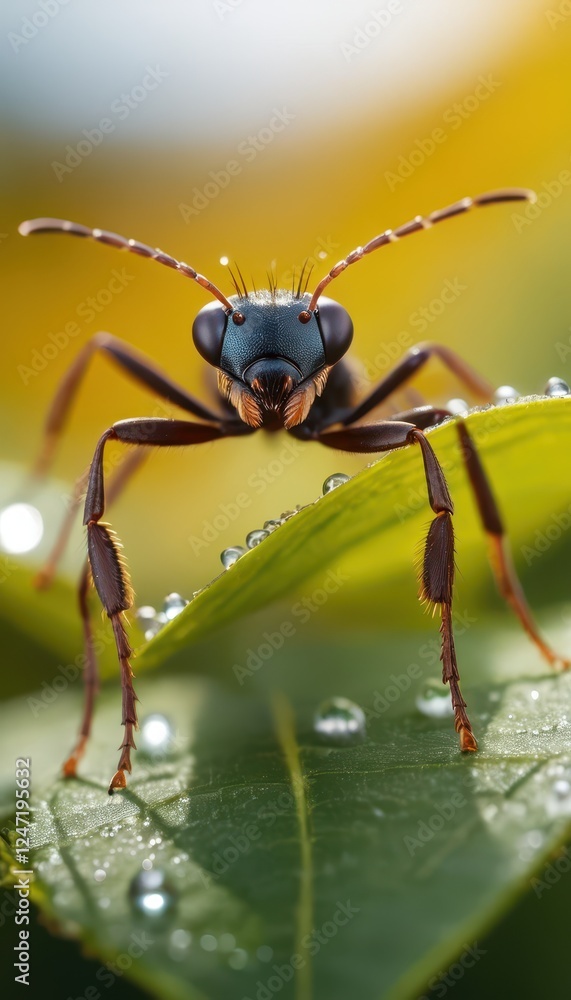 A stunning macro shot of a black ant drinking a dewdrop from a fresh green leaf, illuminated by golden sunlight. The intricate details of its exoskeleton and antennae are visible. A stunning macro shot of a black ant drinking a dewdrop from a fresh green leaf, illuminated by golden sunlight. The intricate details of its exoskeleton and antennae are visible.