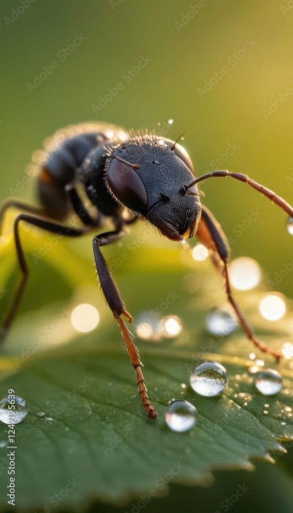 Naklejka premium A stunning macro shot of a black ant drinking a dewdrop from a fresh green leaf, illuminated by golden sunlight. The intricate details of its exoskeleton and antennae are visible.