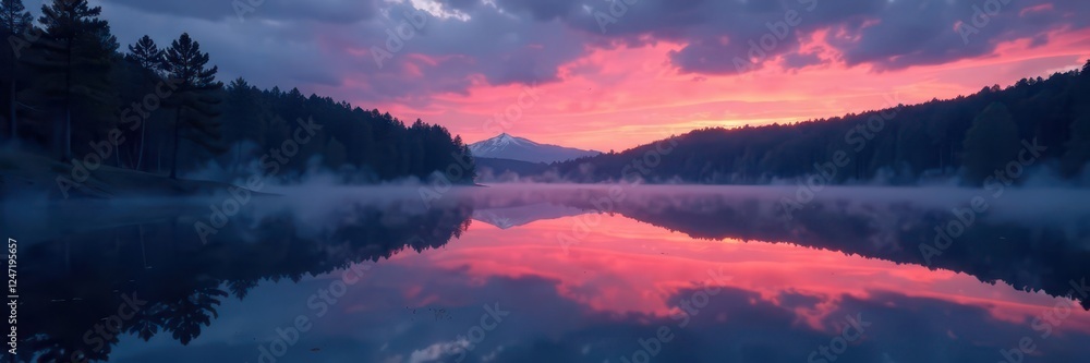 Fototapeta premium Dark water reflected in a serene lake at twilight, reflective, twilight, forest