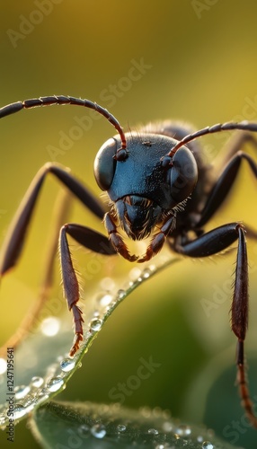 Wallpaper Mural A stunning macro shot of a black ant drinking a dewdrop from a fresh green leaf, illuminated by golden sunlight. The intricate details of its exoskeleton and antennae are visible. Torontodigital.ca