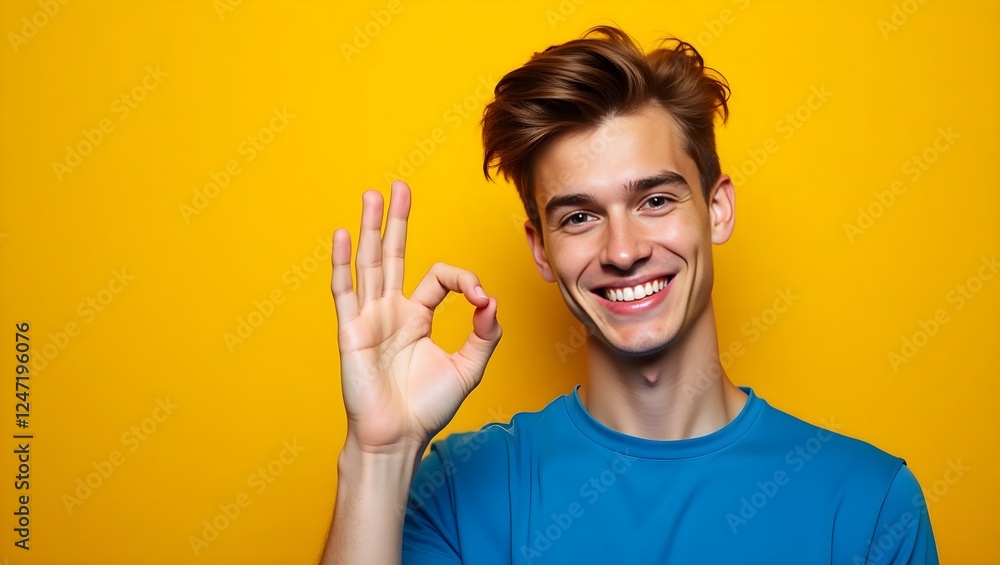 happy young man making an okay hand gesture with a friendly expression isolated on a yellow background expressing approval and agreement, casual modern male portrait with a cheerful and confident per happy young man making an okay hand gesture with a friendly expression isolated on a yellow background expressing approval and agreement, casual modern male portrait with a cheerful and confident per