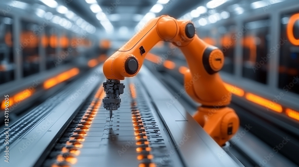 A powerful robotic crane's steel components in a high-tech manufacturing facility, symbolizing innovation and automation, with modern, bright, blurred background space for captions A powerful robotic crane's steel components in a high-tech manufacturing facility, symbolizing innovation and automation, with modern, bright, blurred background space for captions