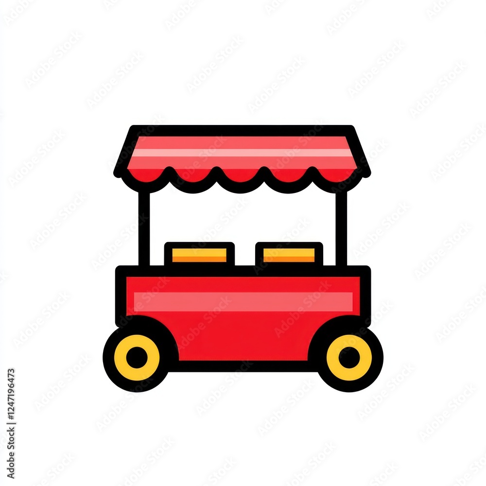 Fototapeta premium Red Food Cart with Awning Selling Goods in a Square White Field for Presentation