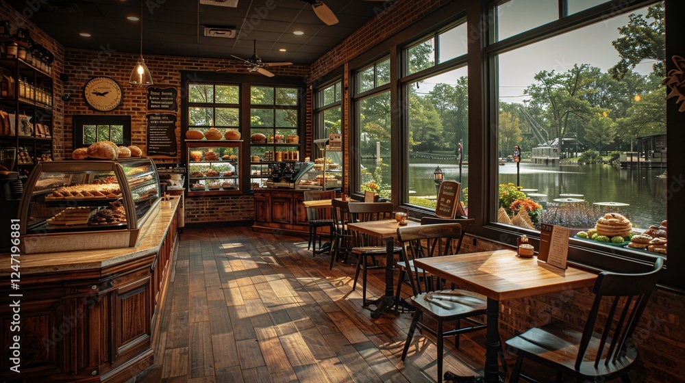 A welcoming coffee shop with large windows, soft brown walls, comfortable seating arrangements, and a display case filled with coffee and fresh pastries A welcoming coffee shop with large windows, soft brown walls, comfortable seating arrangements, and a display case filled with coffee and fresh pastries