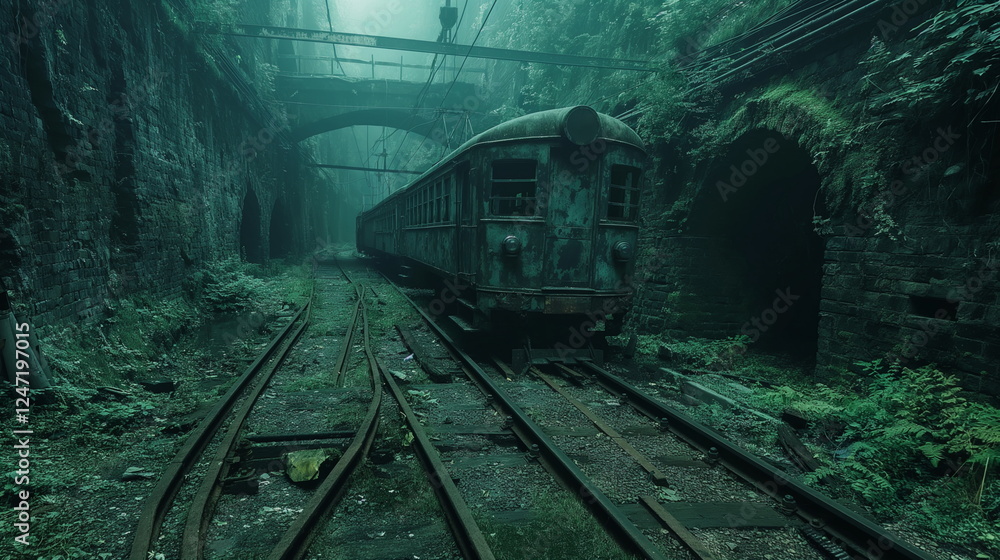 Naklejka premium An abandoned mine the rails overgrown with moss a _001