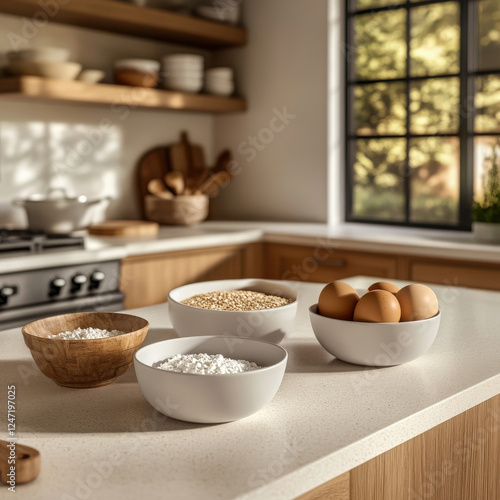 Wallpaper Mural Bright kitchen scene featuring bowls of ingredients like eggs, grains, and dairy on countertop, with natural light streaming through window, creating warm and inviting atmosphere Torontodigital.ca