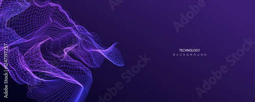 Technology ai mesh network banner. Lines big data grid neon background. Artificial Intelligence game futuristic wave net connect vector design.