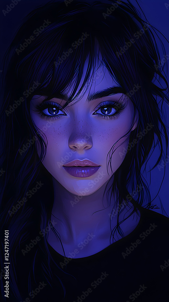 Portrait of a Striking Woman with Dark Blue Hair and Captivating Eyes: A Modern Artistic Digital Illustration Showcasing Beauty, Emotional Expression, and Elegant Composition Portrait of a Striking Woman with Dark Blue Hair and Captivating Eyes: A Modern Artistic Digital Illustration Showcasing Beauty, Emotional Expression, and Elegant Composition