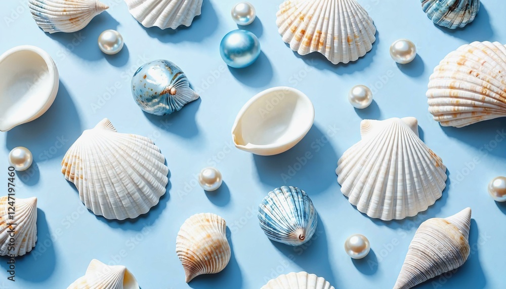 Artistic depiction of seashells and pearls in soft blue marine-themed pattern Artistic depiction of seashells and pearls in soft blue marine-themed pattern