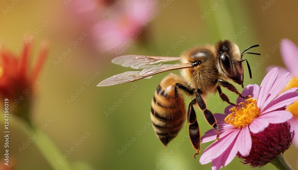 A high-resolution macro image of a bee harvesting nectar from a sunflower. The soft-focus background enhances the vibrant contrast between the golden petals and the bee’s fuzzy body