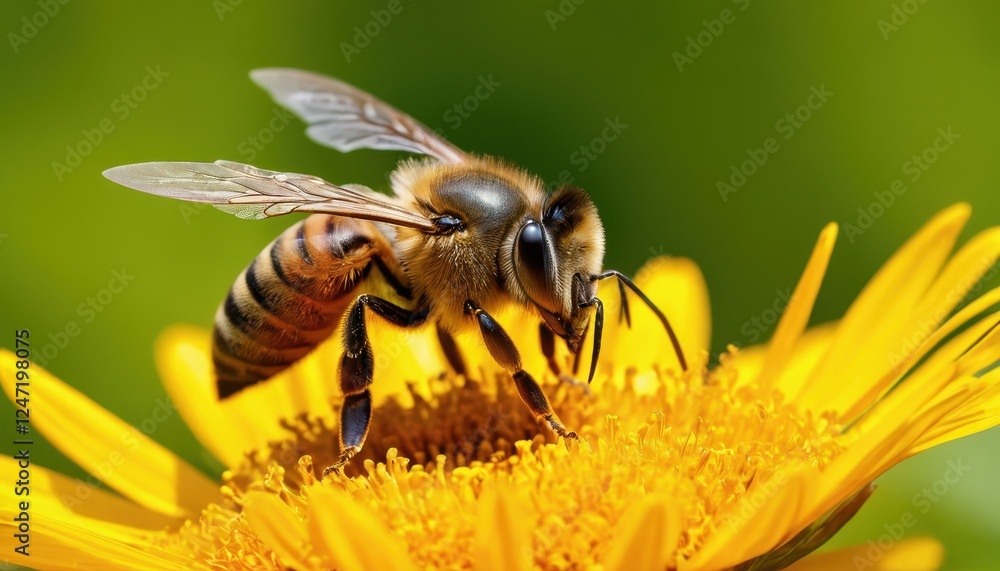 Close-up of a honeybee pollinating a vibrant yellow flower, highlighting the fine details of its wings, legs, and pollen-covered body. A perfect representation of nature's delicate balance Close-up of a honeybee pollinating a vibrant yellow flower, highlighting the fine details of its wings, legs, and pollen-covered body. A perfect representation of nature's delicate balance