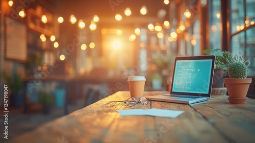 Wallpaper Mural Cozy cafe laptop work, evening lights, bokeh Torontodigital.ca