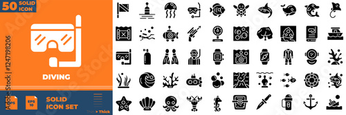 Diving Solid Editable Icons set. Vector illustration in modern thin solid style of diving icons: scuba, snorkeling, wetsuit, etc