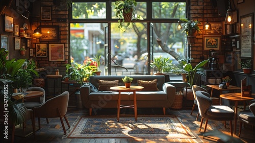 A cozy coffee shop interior with plush armchairs and sofas arranged around low wooden tables, soft yellow lighting casting a warm glow, and potted plants in every corner, creating a tranquil space