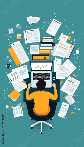 Person at laptop surrounded by floating documents, representing digital workflow.