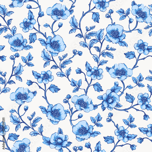 China porcelain blue flowers vectorpattern