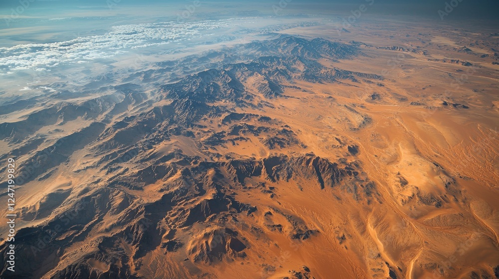 Fototapeta premium Stunning vistas reveal the breathtaking landscape of The Empty Quarter Desert, where rolling sand dunes meet rugged mountains against a tranquil sky, capturing the essence of this arid wonderland