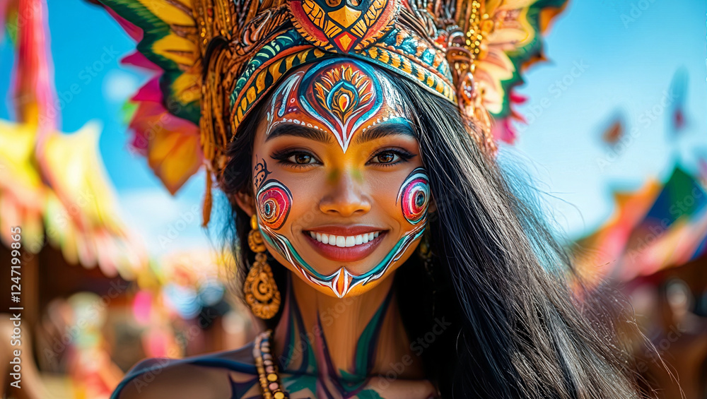 Indonesian Woman with Ethnic Body Painting, Face Paint and Traditional Dress. Tribal Culture Backdrop,. Travel / Fashion /Lifestyle Background. Indonesian Woman with Ethnic Body Painting, Face Paint and Traditional Dress. Tribal Culture Backdrop,. Travel / Fashion /Lifestyle Background.