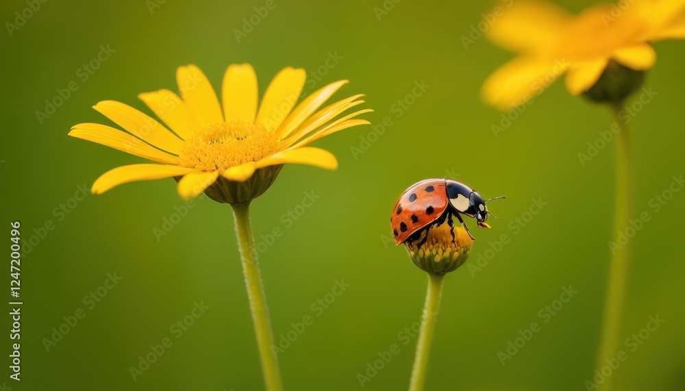 Macro image capturing the beauty of a ladybug on a sunflower-like bloom. The detailed textures of the insect’s glossy shell and the flowers delicate stamens Macro image capturing the beauty of a ladybug on a sunflower-like bloom. The detailed textures of the insect’s glossy shell and the flowers delicate stamens