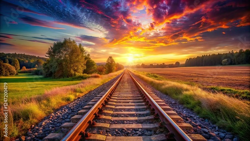 Surreal Empty Train Tracks Sunlight Countryside Double Tracks AI Art photo