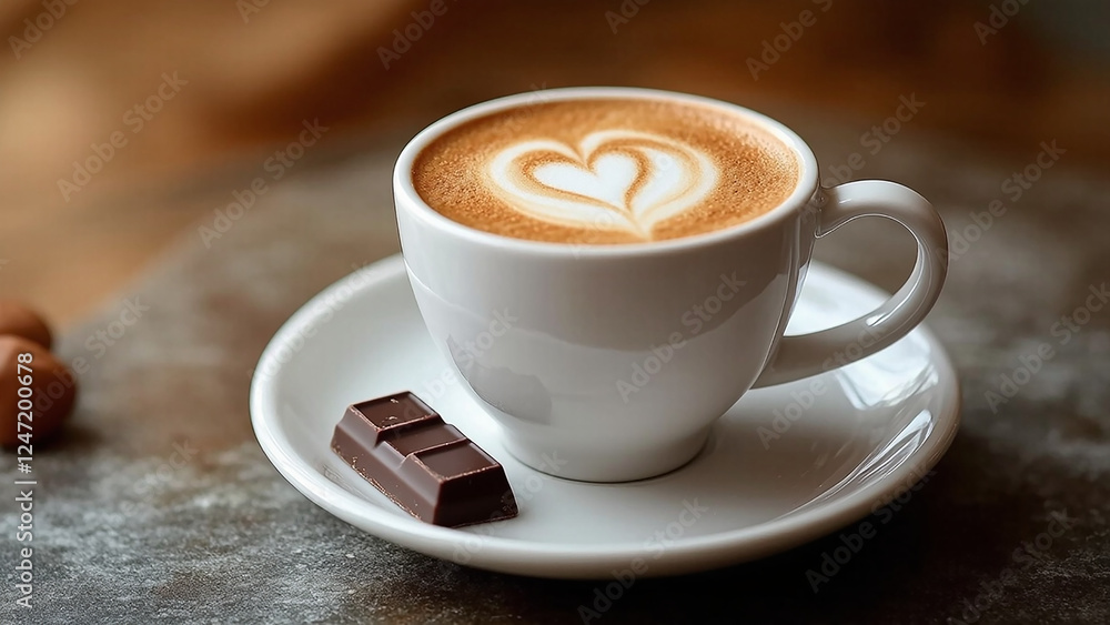 Coffee with love – a cappuccino cup with a heart pattern on the foam, next to chocolates Coffee with love – a cappuccino cup with a heart pattern on the foam, next to chocolates