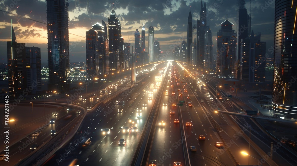 Obraz premium Stunning dubai city skyline illuminated by a beautiful sunset glow and vibrant colors