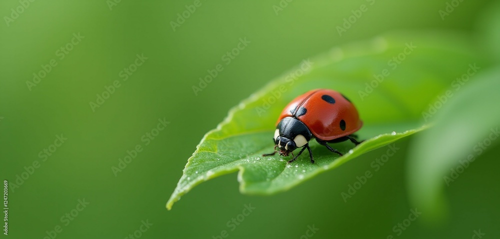 Ladybug on Green Leaf with Dewdrops Against Neutral Background Ladybug on Green Leaf with Dewdrops Against Neutral Background