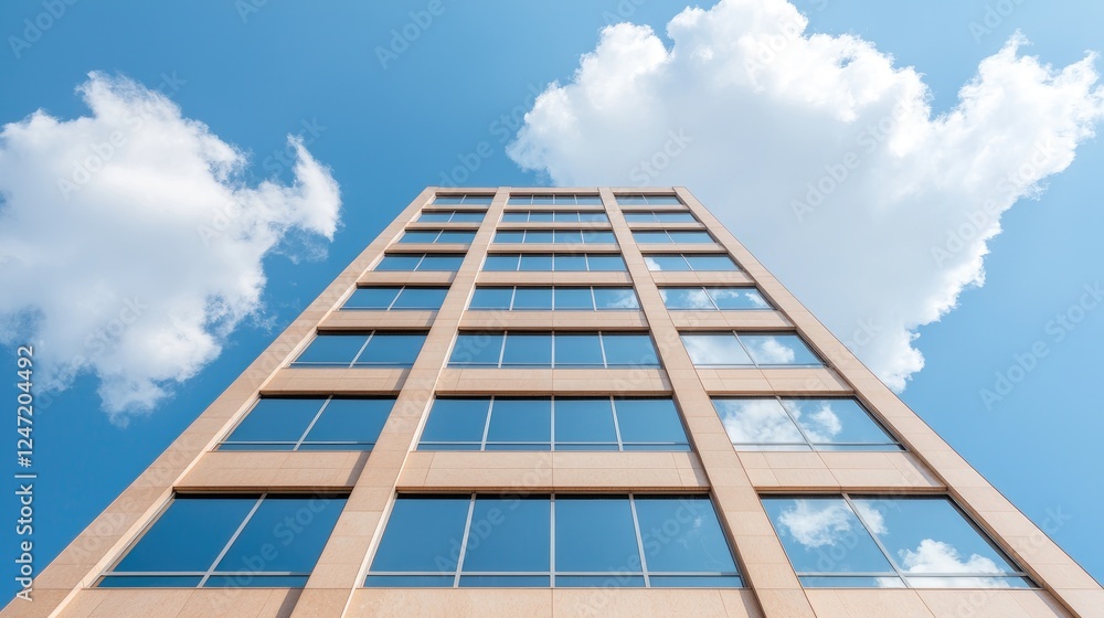 Modern skyscraper against blue sky, clouds reflected in windows, urban setting, ideal for corporate background Modern skyscraper against blue sky, clouds reflected in windows, urban setting, ideal for corporate background