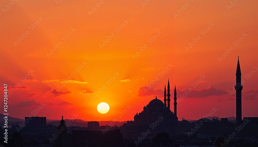 Naklejka premium Silhouette of mosque at sunset, serene spiritual reflection