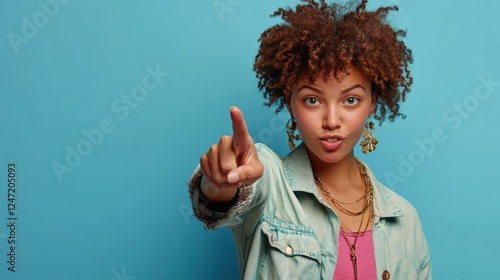 Young woman with curly hair pointing confidently at the camera photo